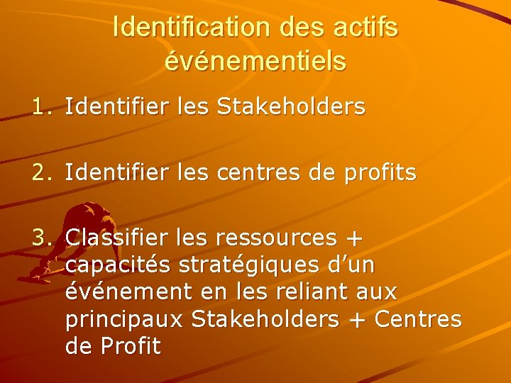 Identification des actifs événementiels 1. Identifier les Stakeholders 2. Identifier les centres de profits