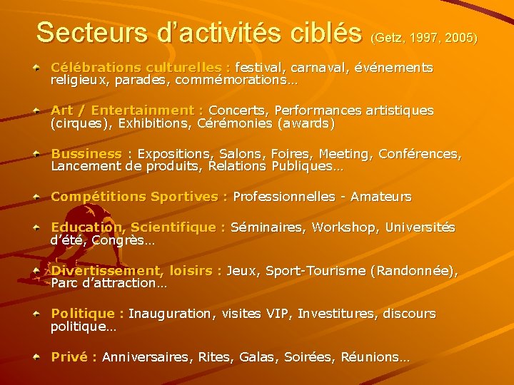 Secteurs d’activités ciblés (Getz, 1997, 2005) Célébrations culturelles : festival, carnaval, événements religieux, parades,