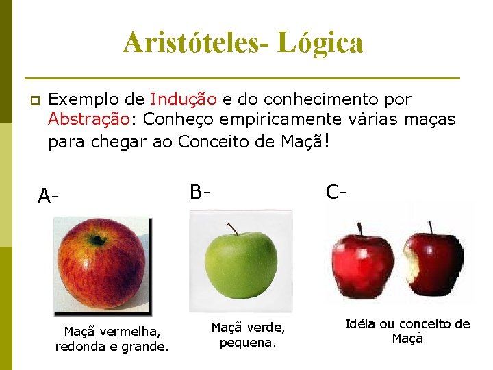 Aristóteles- Lógica p Exemplo de Indução e do conhecimento por Abstração: Conheço empiricamente várias Aristóteles- Lógica p Exemplo de Indução e do conhecimento por Abstração: Conheço empiricamente várias