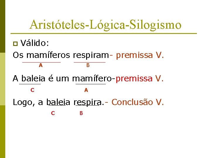 Aristóteles-Lógica-Silogismo Válido: Os mamíferos respiram- premissa V. p A B A baleia é um Aristóteles-Lógica-Silogismo Válido: Os mamíferos respiram- premissa V. p A B A baleia é um