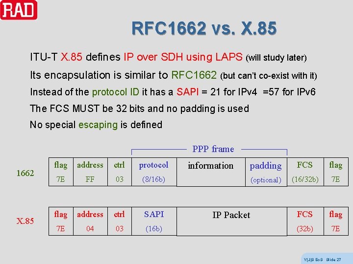 RFC 1662 vs. X. 85 ITU-T X. 85 defines IP over SDH using LAPS