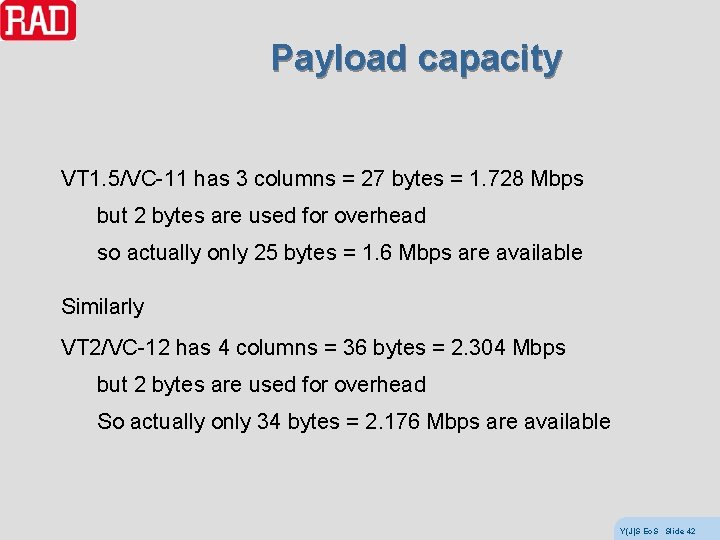 Payload capacity VT 1. 5/VC-11 has 3 columns = 27 bytes = 1. 728