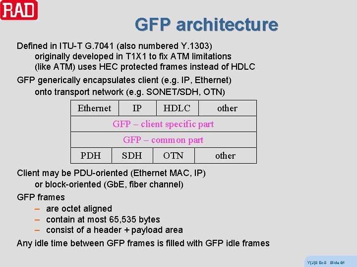 GFP architecture Defined in ITU-T G. 7041 (also numbered Y. 1303) originally developed in
