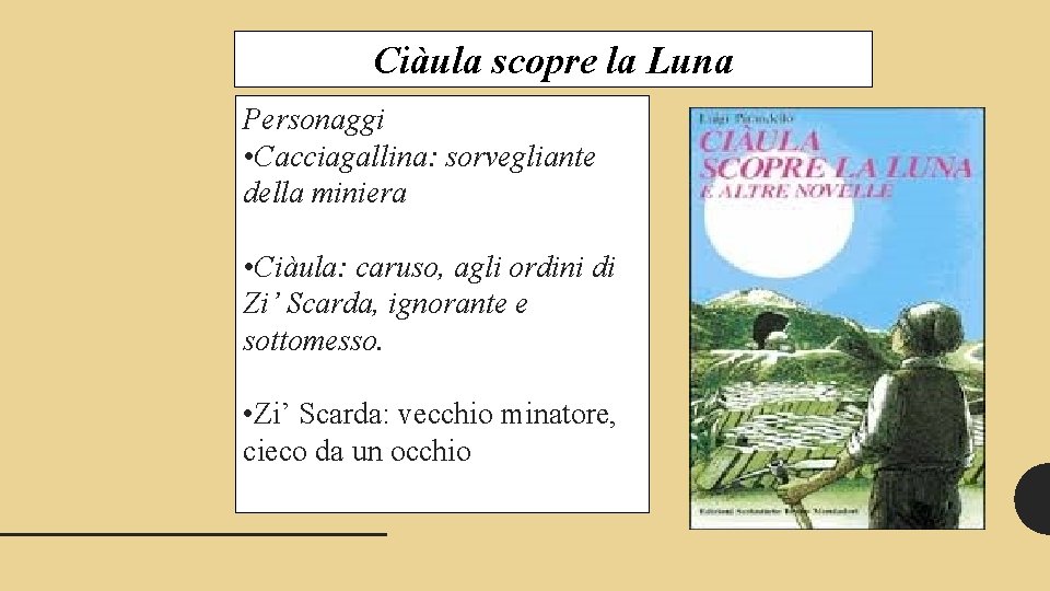 Ciàula scopre la Luna Personaggi • Cacciagallina: sorvegliante della miniera • Ciàula: caruso, agli