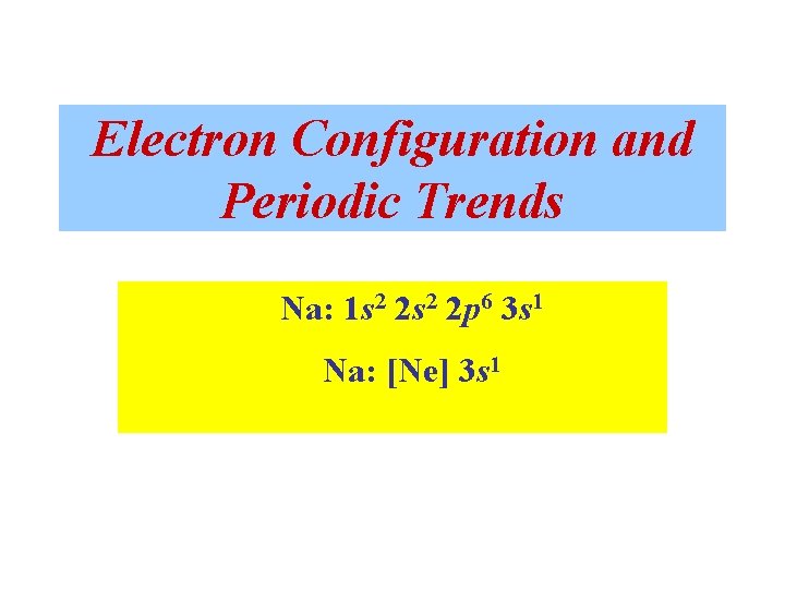 Electron Configuration and Periodic Trends Na: 1 s 2 2 p 6 3 s