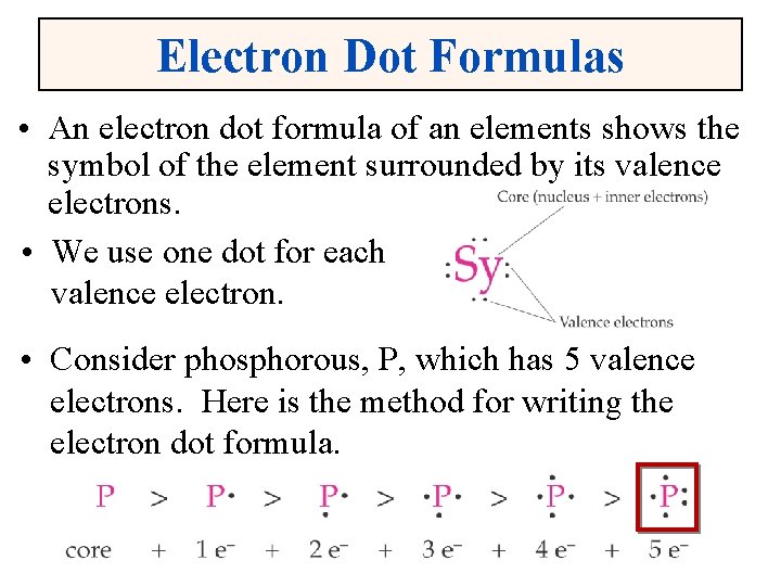 Electron Dot Formulas • An electron dot formula of an elements shows the symbol