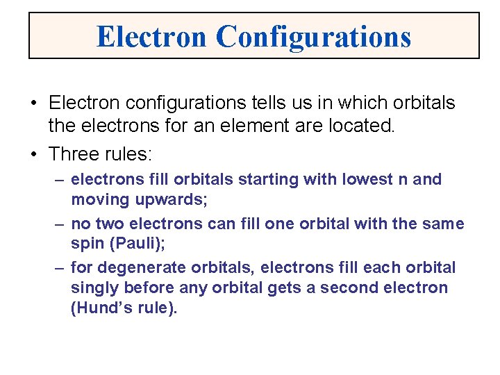 Electron Configurations • Electron configurations tells us in which orbitals the electrons for an