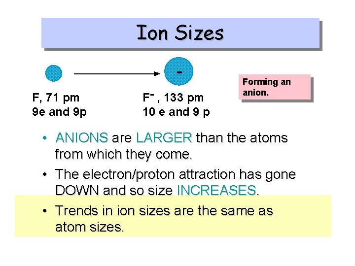 Ion Sizes F, 71 pm 9 e and 9 p F- , 133 pm