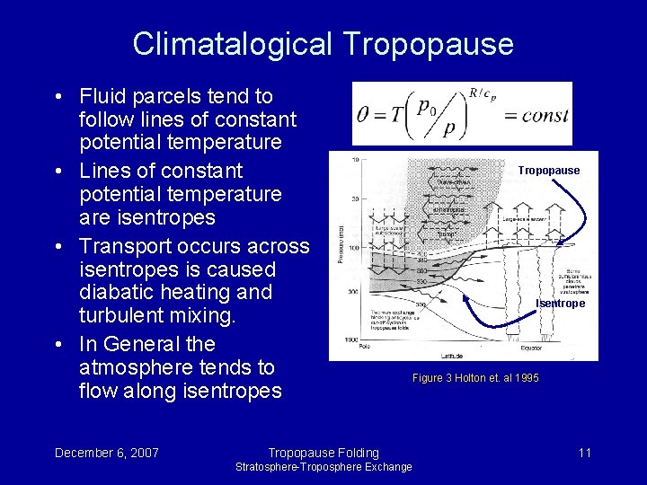 Climatalogical Tropopause • Fluid parcels tend to follow lines of constant potential temperature • Climatalogical Tropopause • Fluid parcels tend to follow lines of constant potential temperature •