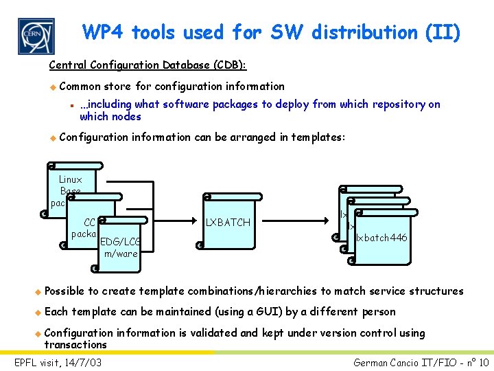 WP 4 tools used for SW distribution (II) Central Configuration Database (CDB): u Common