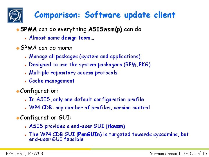 Comparison: Software update client u SPMA n can do everything ASISwsm(p) can do Almost