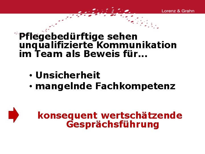 Pflegebedürftige sehen unqualifizierte Kommunikation im Team als Beweis für. . . • Unsicherheit •