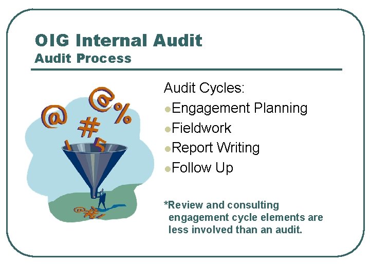 OIG Internal Audit Process Audit Cycles: l. Engagement Planning l. Fieldwork l. Report Writing