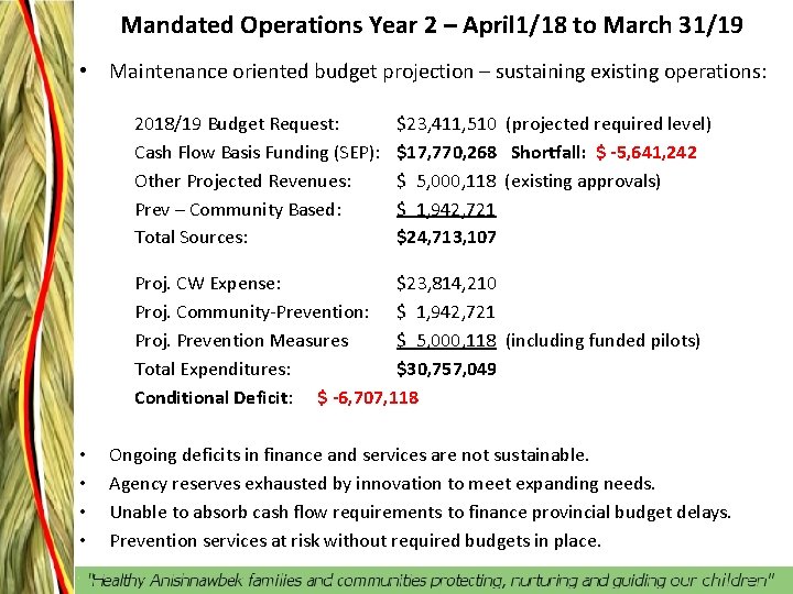 Mandated Operations Year 2 – April 1/18 to March 31/19 • Maintenance oriented budget