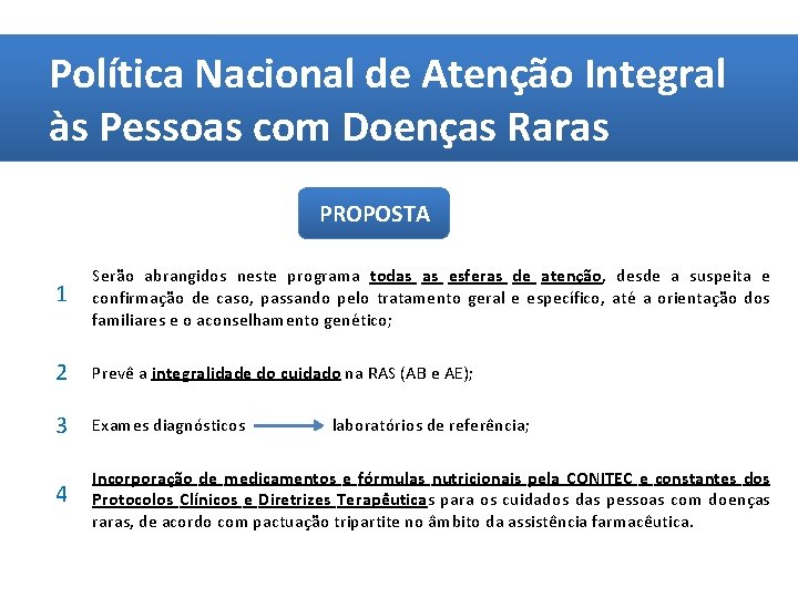 Política Nacional de Atenção Integral às Pessoas com Doenças Raras PROPOSTA 1 Serão abrangidos