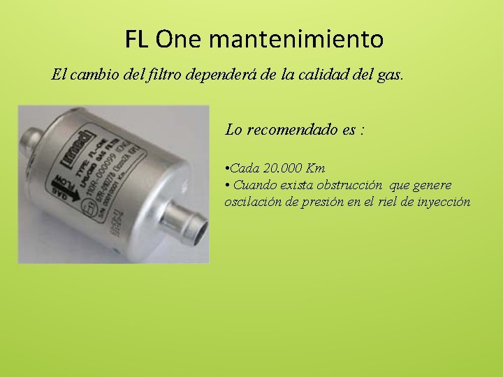 FL One mantenimiento El cambio del filtro dependerá de la calidad del gas. Lo