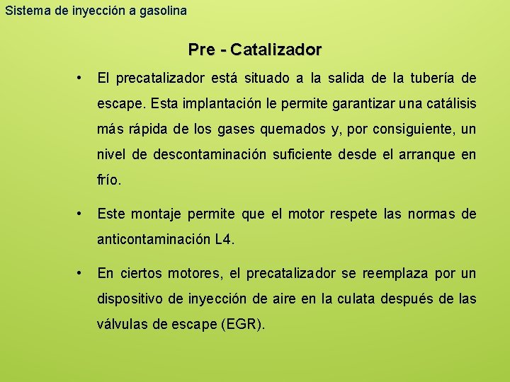 Sistema de inyección a gasolina Pre - Catalizador • El precatalizador está situado a