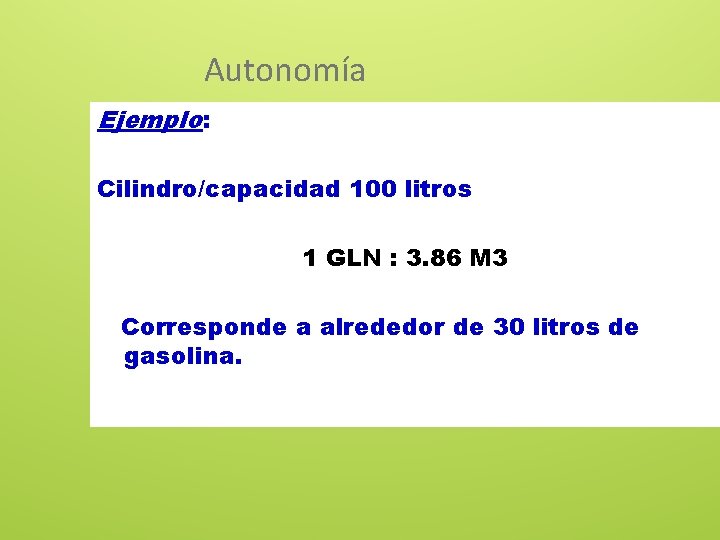 Autonomía Ejemplo: Cilindro/capacidad 100 litros 1 GLN : 3. 86 M 3 Corresponde a