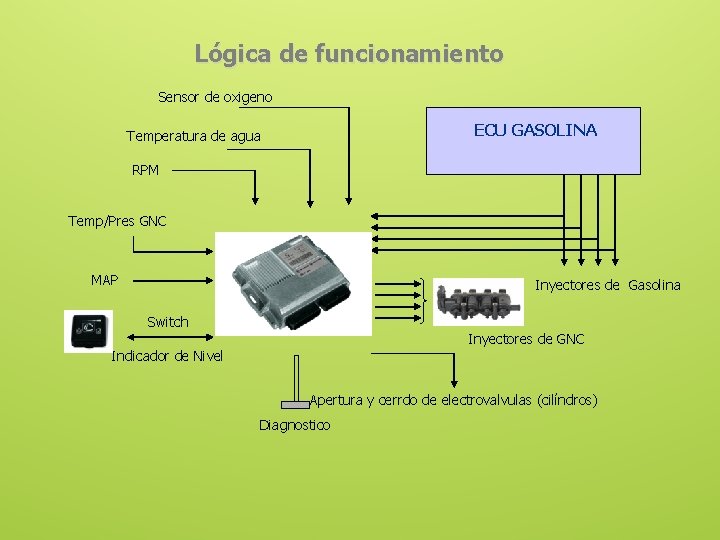 Lógica de funcionamiento Sensor de oxigeno ECU GASOLINA Temperatura de agua RPM Temp/Pres GNC