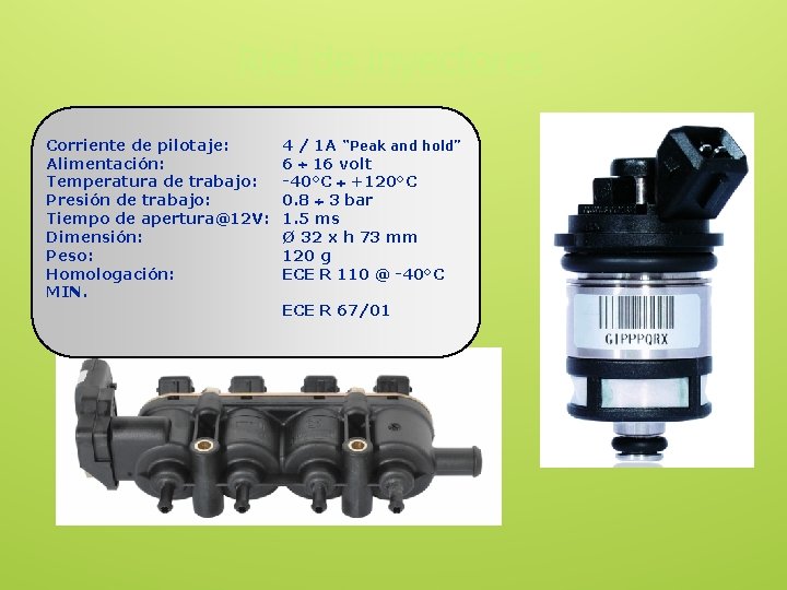 Riel de inyectores Corriente de pilotaje: Alimentación: Temperatura de trabajo: Presión de trabajo: Tiempo