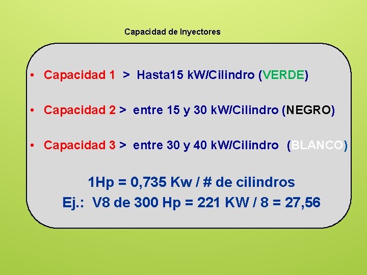 Capacidad de Inyectores • Capacidad 1 > Hasta 15 k. W/Cilindro (VERDE) • Capacidad