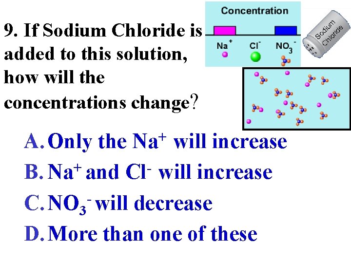 9. If Sodium Chloride is added to this solution, how will the concentrations change?
