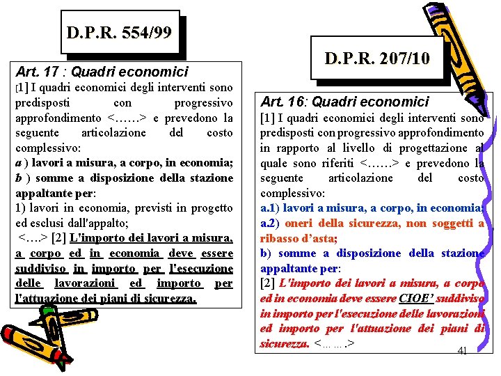 D. P. R. 554/99 Art. 17 : Quadri economici I quadri economici degli interventi