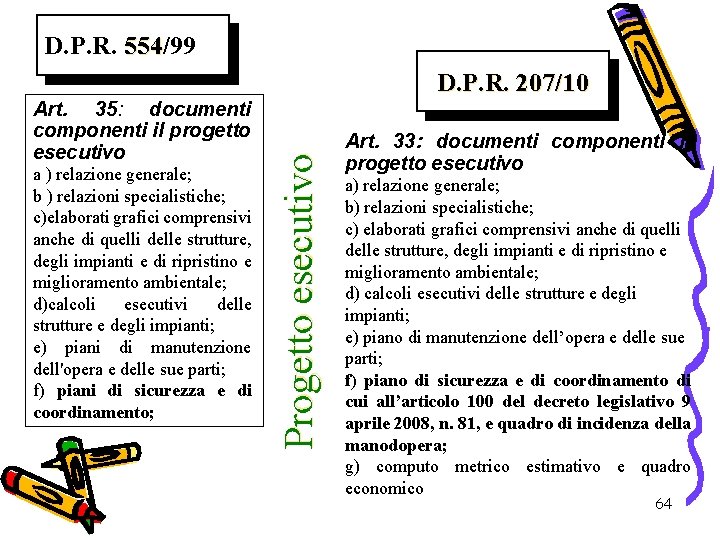 D. P. R. 554/99 554 a ) relazione generale; b ) relazioni specialistiche; c)elaborati