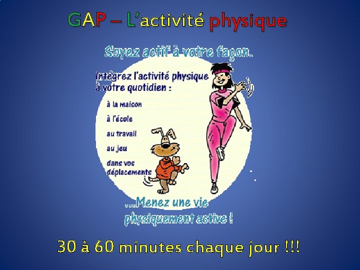 GAP – L’activité physique 30 à 60 minutes chaque jour !!! 