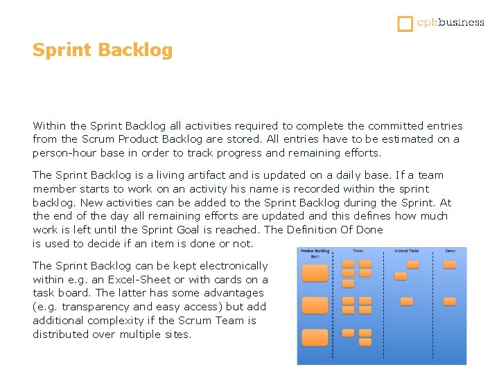 Sprint Backlog Within the Sprint Backlog all activities required to complete the committed entries