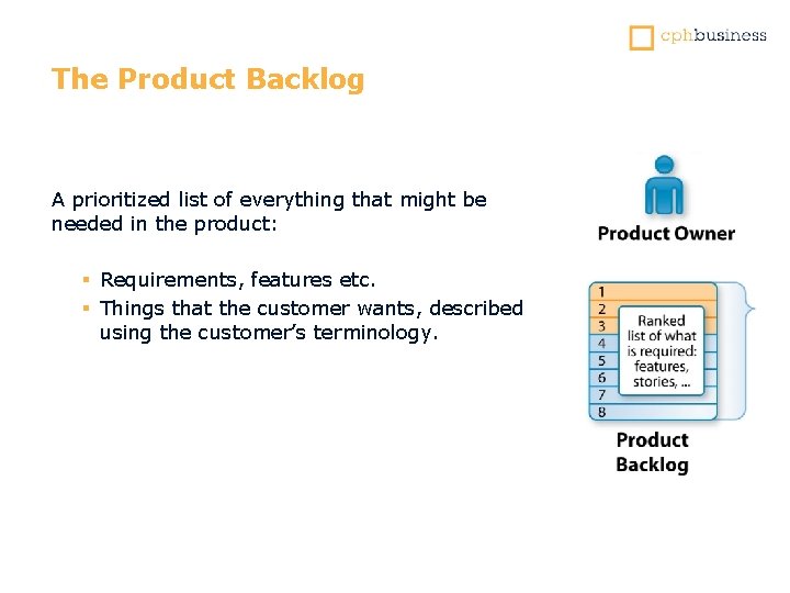 The Product Backlog A prioritized list of everything that might be needed in the