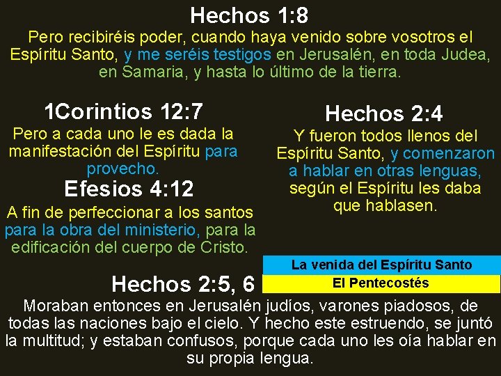 Hechos 1: 8 Pero recibiréis poder, cuando haya venido sobre vosotros el Espíritu Santo,