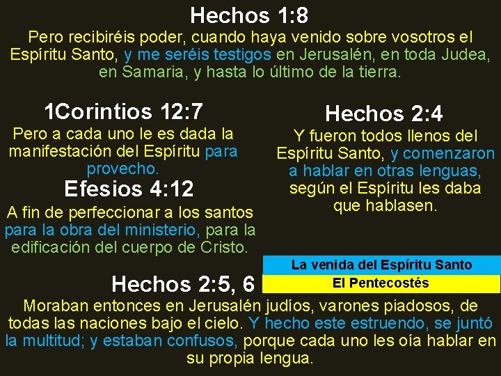 Hechos 1: 8 Pero recibiréis poder, cuando haya venido sobre vosotros el Espíritu Santo,