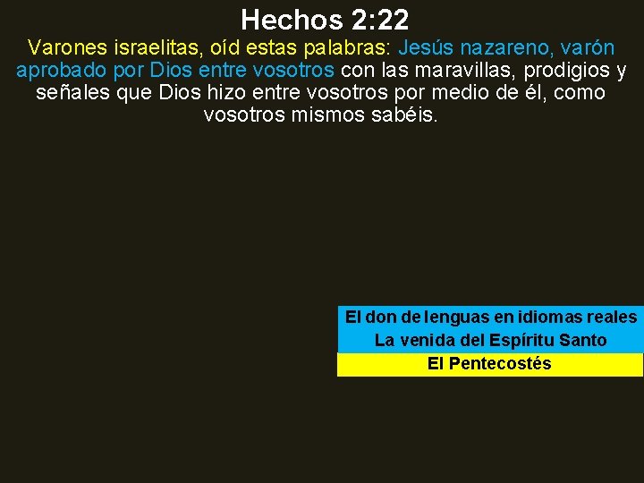 Hechos 2: 22 Varones israelitas, oíd estas palabras: Jesús nazareno, varón aprobado por Dios