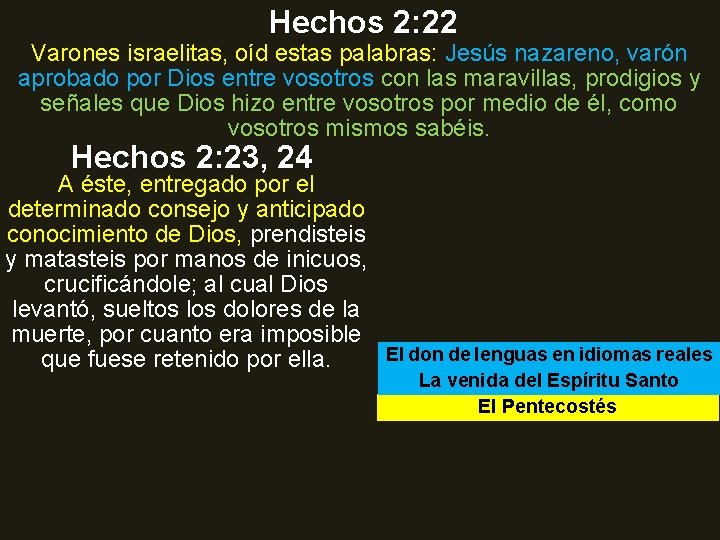 Hechos 2: 22 Varones israelitas, oíd estas palabras: Jesús nazareno, varón aprobado por Dios