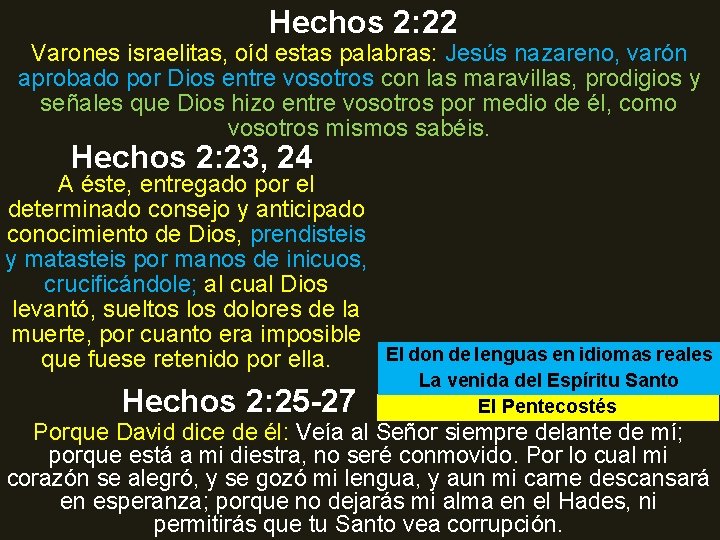 Hechos 2: 22 Varones israelitas, oíd estas palabras: Jesús nazareno, varón aprobado por Dios