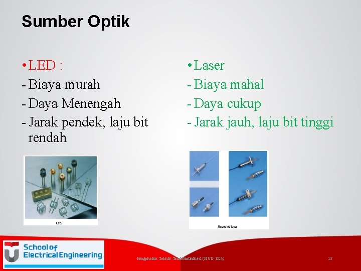 Sumber Optik • LED : - Biaya murah - Daya Menengah - Jarak pendek,