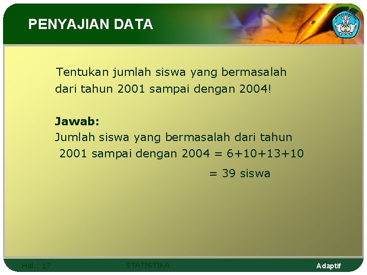 PENYAJIAN DATA Tentukan jumlah siswa yang bermasalah dari tahun 2001 sampai dengan 2004! Jawab: