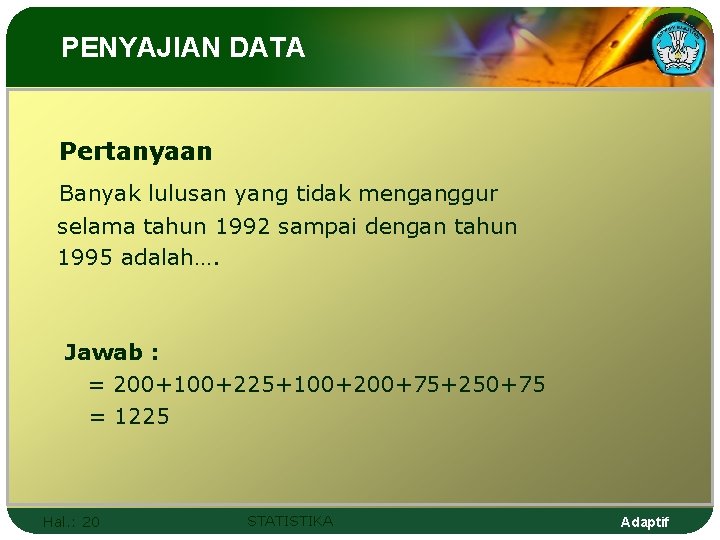 PENYAJIAN DATA Pertanyaan Banyak lulusan yang tidak menganggur selama tahun 1992 sampai dengan tahun