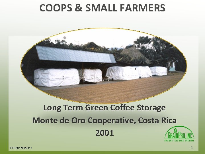 COOPS & SMALL FARMERS Long Term Green Coffee Storage Monte de Oro Cooperative, Costa