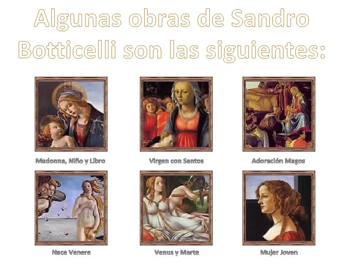 Algunas obras de Sandro Botticelli son las siguientes: 