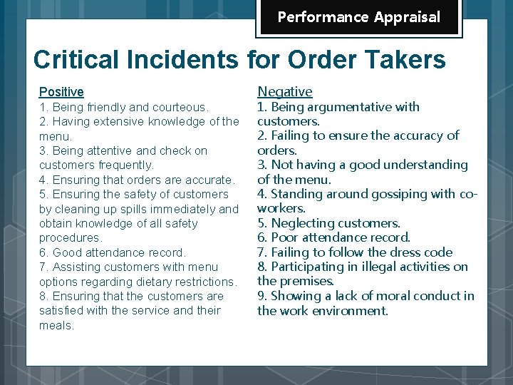 Performance Appraisal Critical Incidents for Order Takers Positive 1. Being friendly and courteous. 2.