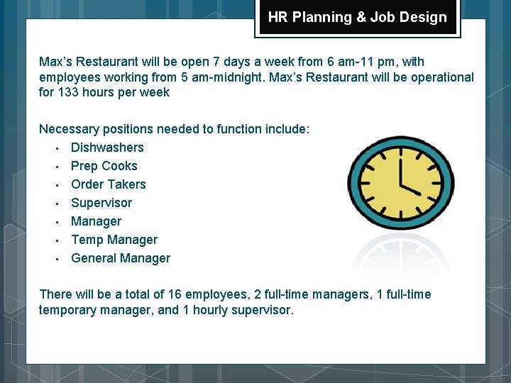 HR Planning & Job Design Max’s Restaurant will be open 7 days a week