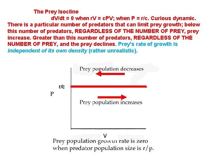 The Prey Isocline d. V/dt = 0 when r. V = c. PV; when