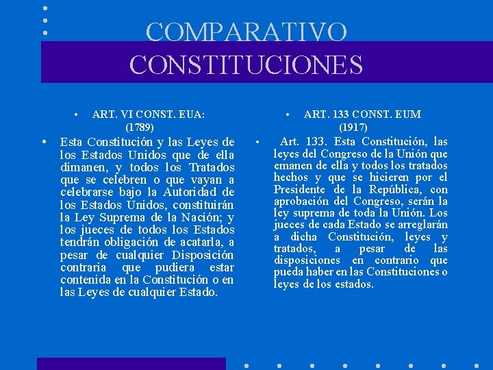 COMPARATIVO CONSTITUCIONES • • • ART. VI CONST. EUA: (1789) Esta Constitución y las