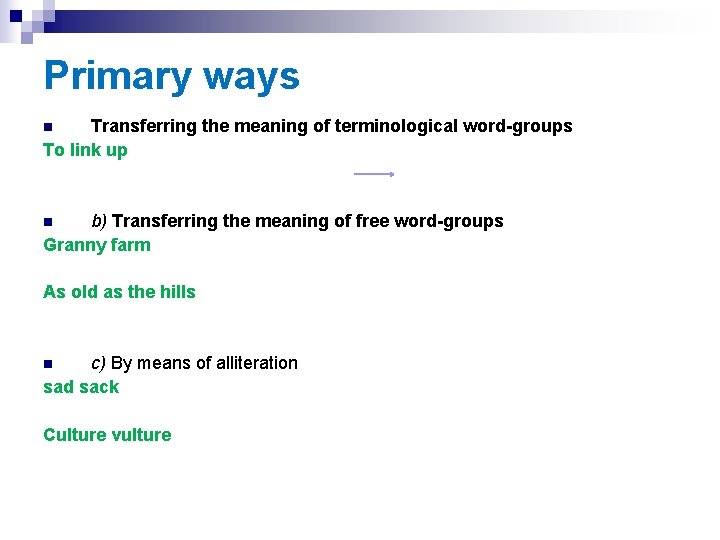 Primary ways Transferring the meaning of terminological word-groups To link up n b) Transferring