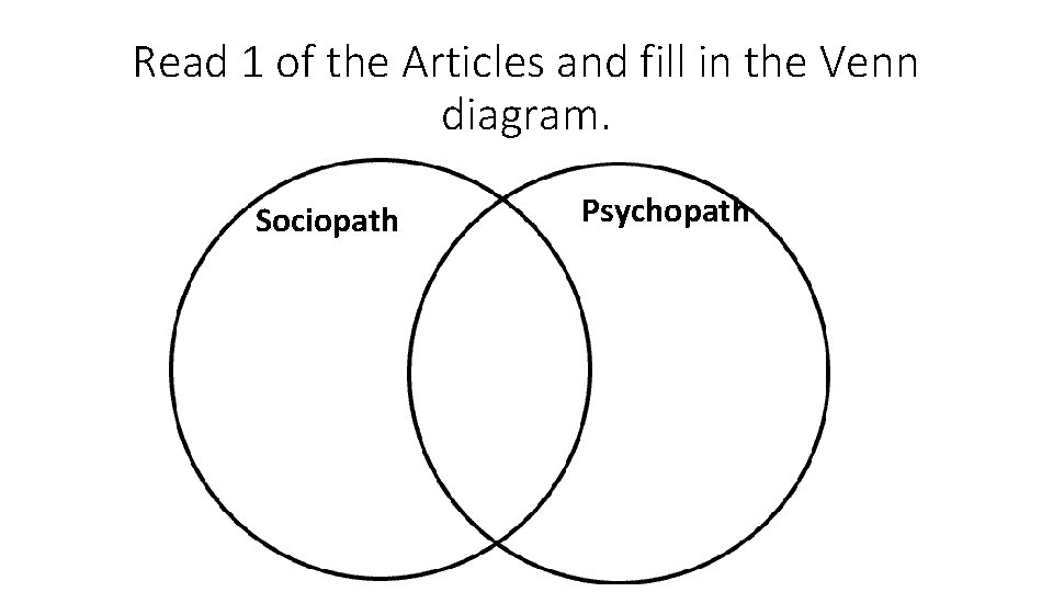 Read 1 of the Articles and fill in the Venn diagram. Sociopath Psychopath 