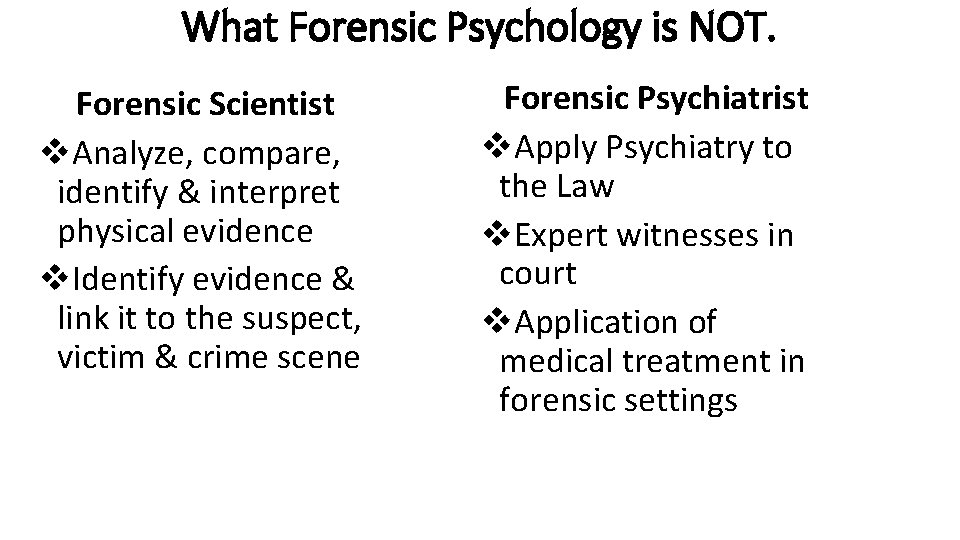 What Forensic Psychology is NOT. Forensic Scientist v. Analyze, compare, identify & interpret physical