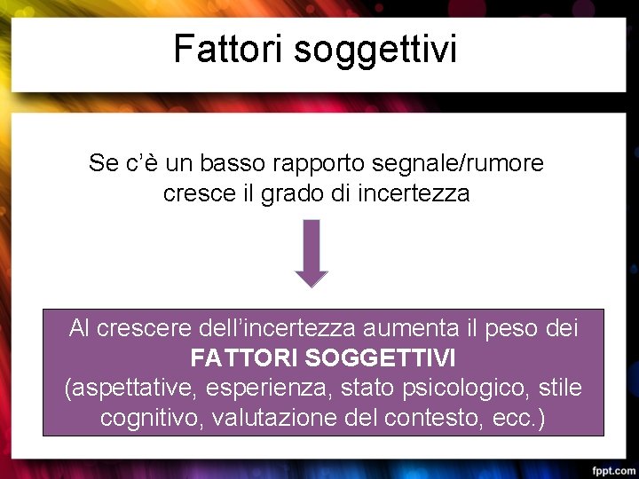 Fattori soggettivi Se c’è un basso rapporto segnale/rumore cresce il grado di incertezza Al