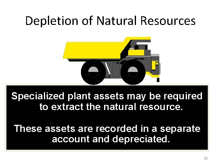 Depletion of Natural Resources Specialized plant assets may be required to extract the natural